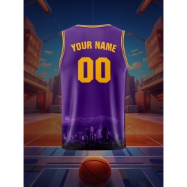 Boys Loose & Breathable Custom Sleeveless Basketball Jersey Shirt, Personalized Bridge Pattern Top For Sports & Exercise