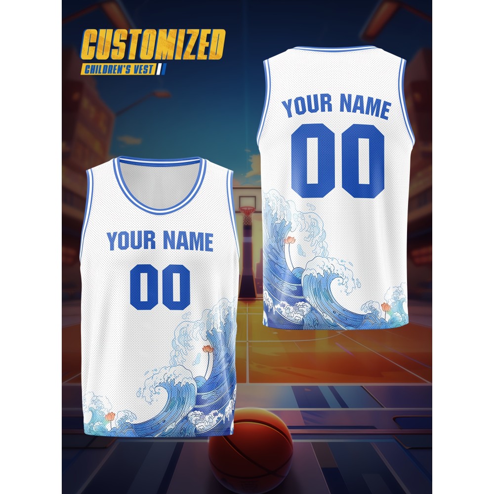 Customizable Kids Basketball Jersey, Polyester 100% Knit Fabric, Breathable & Washable, All Over Print, Loose Fit for Boys & Girls, Outdoor Sports & Casual Wear, Spring/Summer/Fall - Party, Training, Beach, Festive Occasions