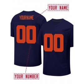 Customizable Women'S Football Shirt - Personalized Name & Number, Navy Blue with Orange Accents, V-Neck, Short Sleeve, Summer Sports Apparel for Team Building, Parties, or Casual Wear, Football Shirt, Party Apparel, Sporty Design, Comfortable Fit