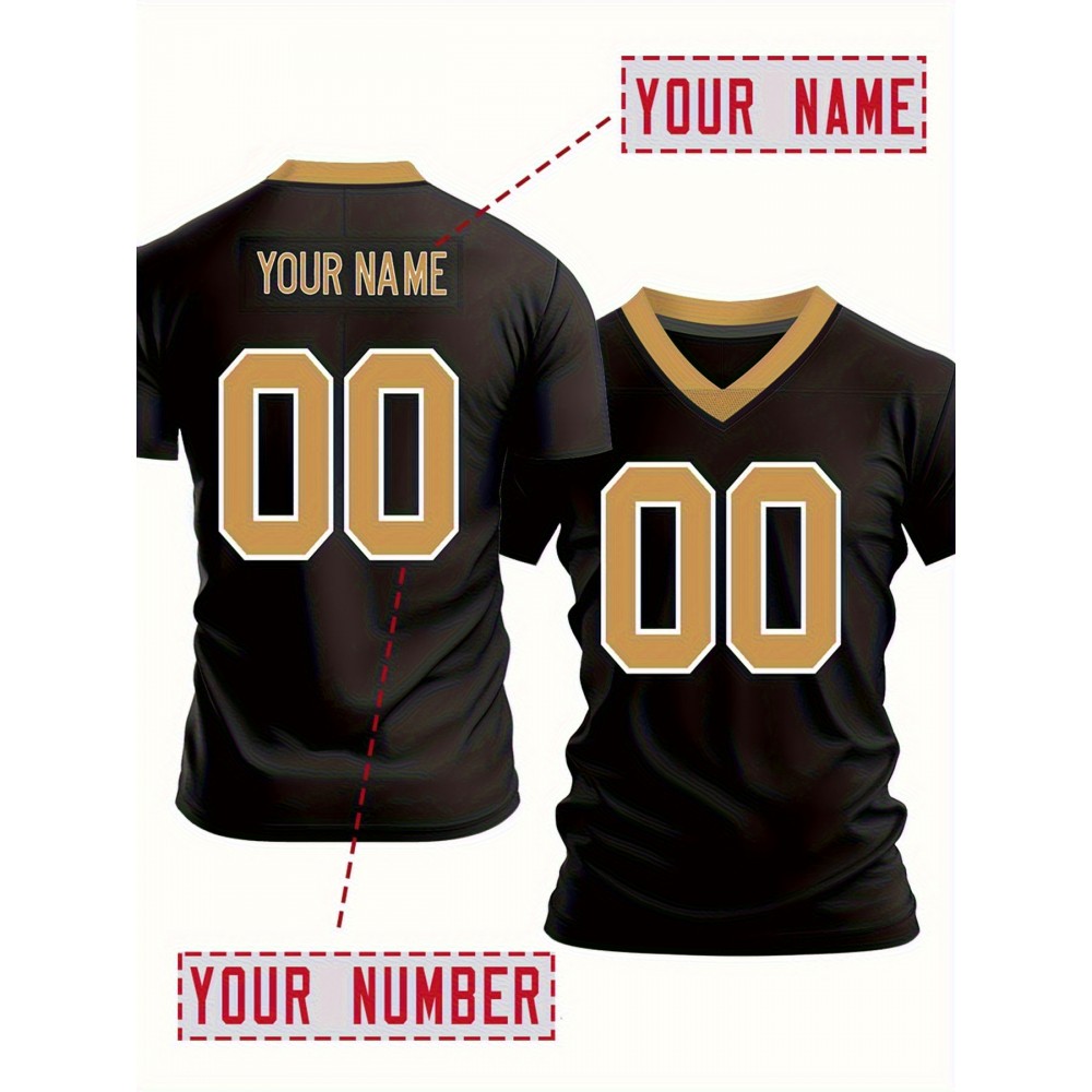 Customizable Women'S Plus Size Football Jersey T-Shirt - Personalized Team Name & Number, Black with Golden Accents, V-Neck, Short Sleeve, Summer Sports Tee, Football Jersey, PLUS SIZE