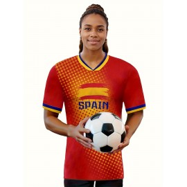 Women's Large Size Professional Sports Fabric Creative Pattern Print Spain Home Soccer Jersey T-shirt, Soccer Jersey Flag Uniforms Shirts Breathable And Lightweight, Moisture-Wicking, As Gifts For Sports Fans