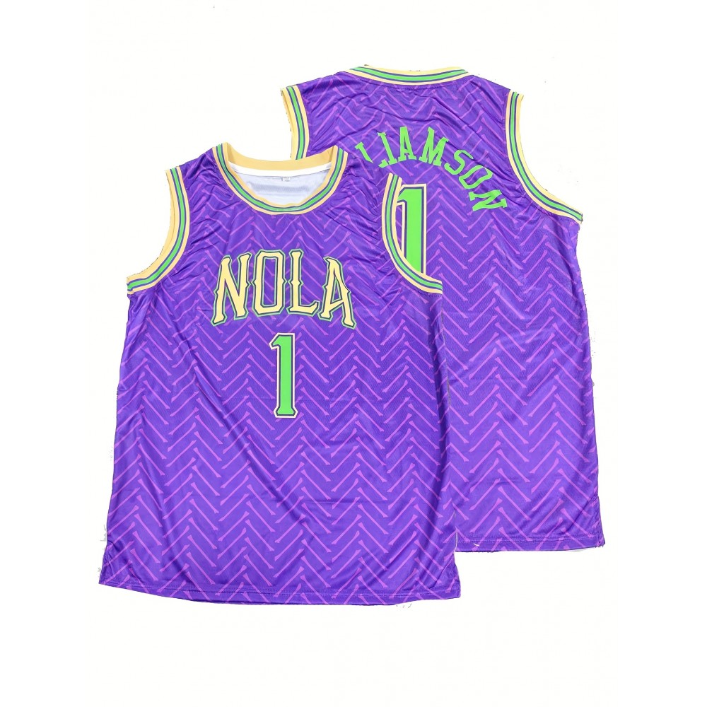 Men'S #1 New Orleans Basketball Jersey - Vibrant Purple & Green Retro Design, Breathable Polyester, V-Neck Sleeveless Sports Shirt for Parties, Training & Casual Wear, Sports Casual Wear | Retro Basketball Jersey | Polyester Mesh Fabric