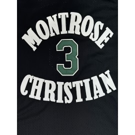 1pc Men'S #3 Montrose Christian Basketball Jersey - Embroidered Name & Number, V-Neck, Slight Stretch Polyester, Sports & Party Wear, Loose Fit, Four Seasons, Adult - Black