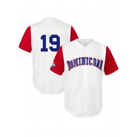 Men's #19 Embroidered White Baseball Jersey - V-Neck, Button-Up, Polyester, Machine Washable - Perfect for Sports & Parties
