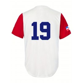Men's #19 Embroidered White Baseball Jersey - V-Neck, Button-Up, Polyester, Machine Washable - Perfect for Sports & Parties