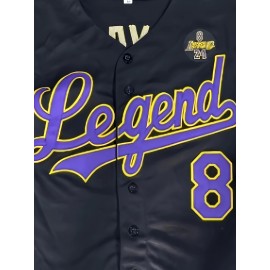 Men's #8 Black Baseball Jersey - Loose Fit V-Neck with Embroidered Name & Number, Purple Accents, All-Season Machine Washable Sportswear for Baseball, Halloween & Casual Outfits