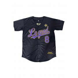 Men's #8 Black Baseball Jersey - Loose Fit V-Neck with Embroidered Name & Number, Purple Accents, All-Season Machine Washable Sportswear for Baseball, Halloween & Casual Outfits