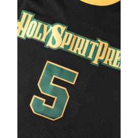 Men'S Embroidered #5 Black Basketball Jersey, Polyester V-Neck Sports Jersey with Slight Stretch, Loose Fit, for Adult Men, Four Seasons & Parties