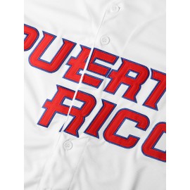 Men's Puerto Rico Baseball Jersey - Embroidered Number 1 & Name, White with Red Accents, 100% Polyester, Loose Fit V-Neck Button-Up for Sports, Halloween, Parties & Casual Wear, Puerto Rico Shirt