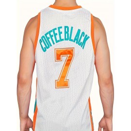 COFFEE BLACK #7 Retro Embroidery Design Jersey - Men's Breathable Sleeveless Basketball Training Uniform For Summer Party And Street Wear - Comfortable Round-Neck Sports Apparel For Active Lifestyles