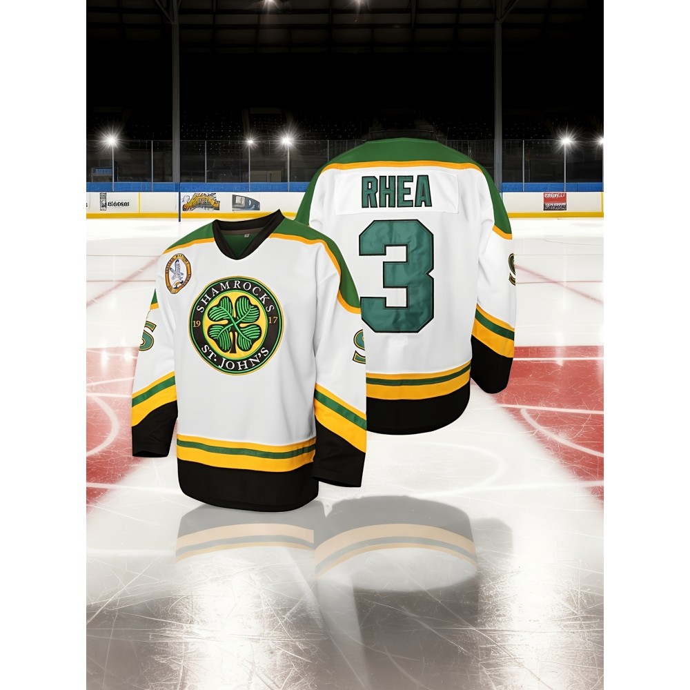 Men's #3 Embroidered Hockey Jersey - V-Neck, Long Sleeve, Color Block Design in White, Green & Black - Perfect for Sports & Casual Wear