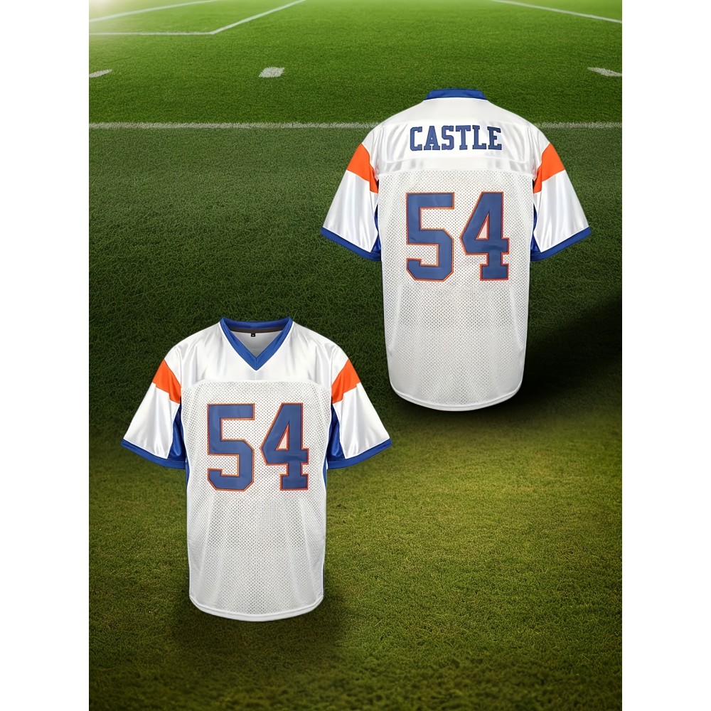 Men's #54 Embroidered Color-Block Rugby Jersey - Breathable, V-Neck Short Sleeve Track Shirt for Sports & Parties